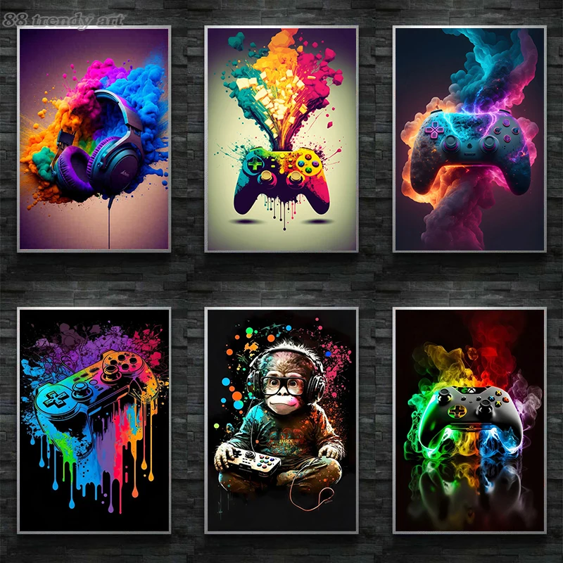 Gaming Headphones Video Game PS Controller Monkey Posters Print Wall Art Canvas Painting Gamer Fashion Game Pictures Gamer Gift