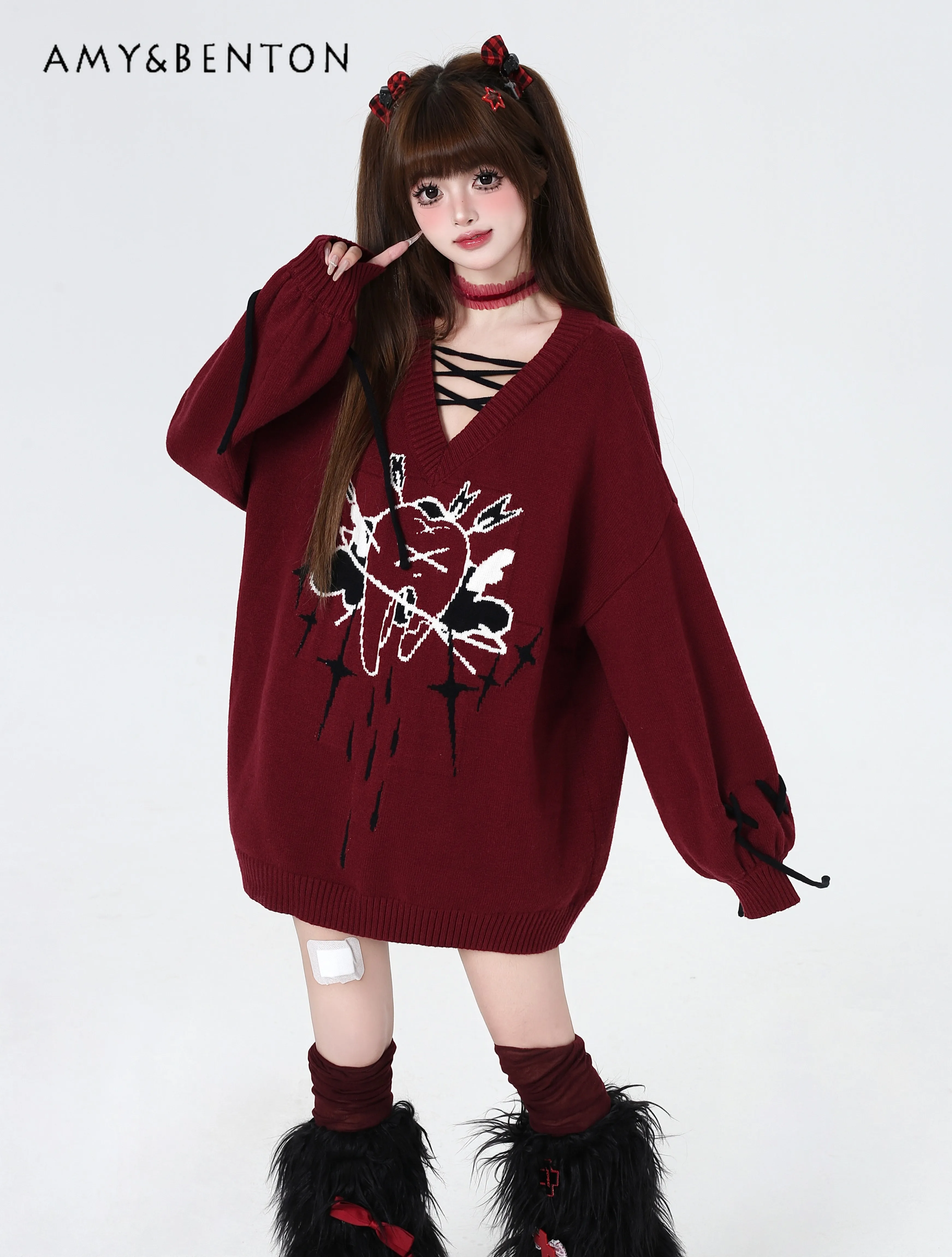 Original Subculture Straps Sweet Cool V-neck Loose Sweater Women Autumn Winter Harajuku Gothic Printed Y2K Oversized Pullover