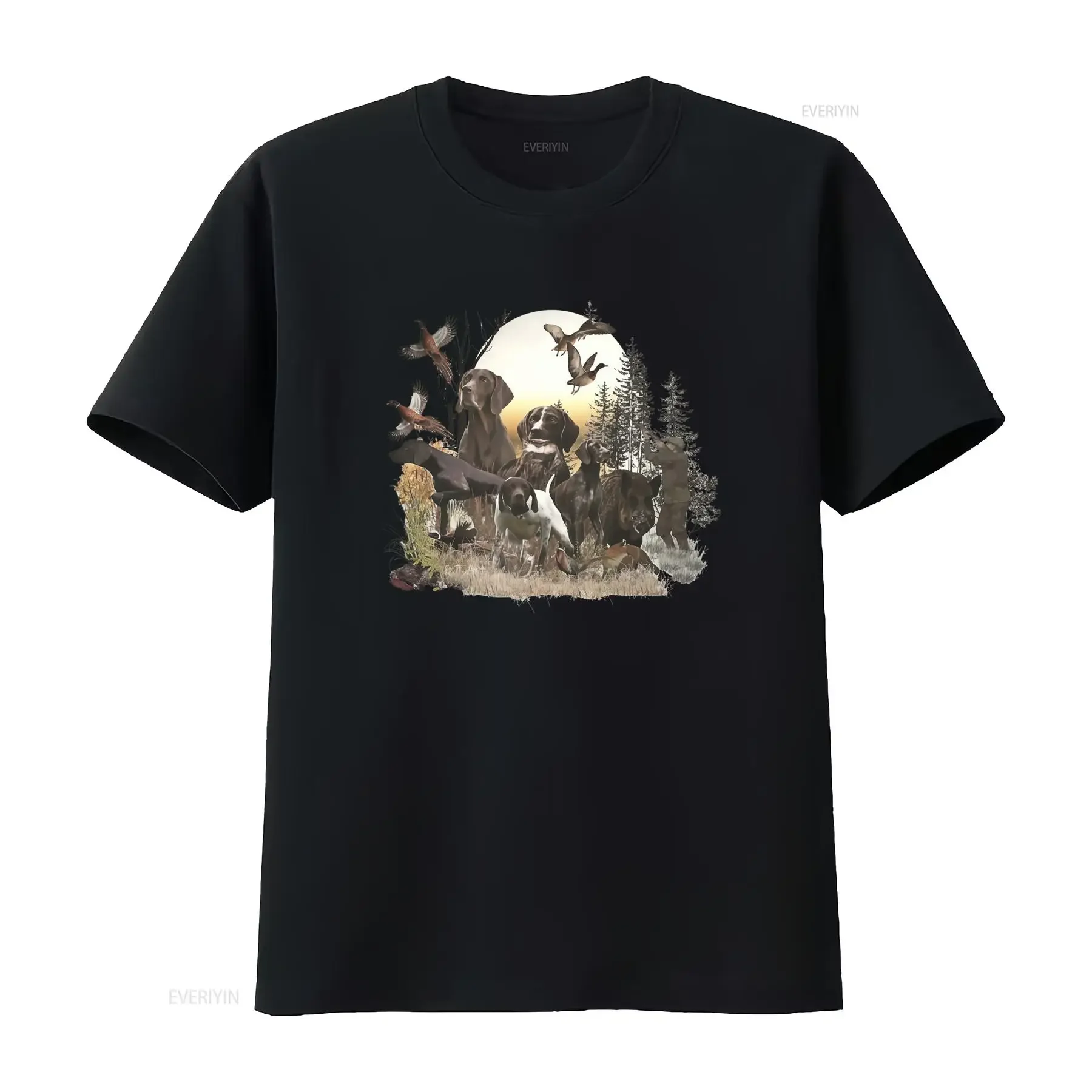Camiseta de caza para hombre con dise?o Braco Alemán Pelo Corto perro al aire libre pájaros y escena bosque cuello redondo
