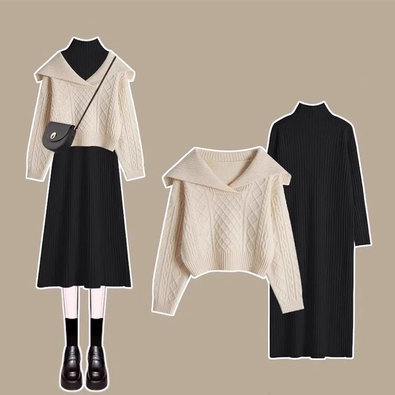 Autumn Set Women\'s 2023 New Style Versatile Sweater Knitted Simple Dress Fashion Two Piece Set Dress Set Swinter Clothes Women