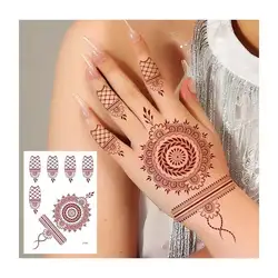 Pegatinas de tatuaje de Henna rojo-marrón para mujer, Tatuajes Temporales, Mandala, Mehndi, mano, Protección corporal, tatuaje falso