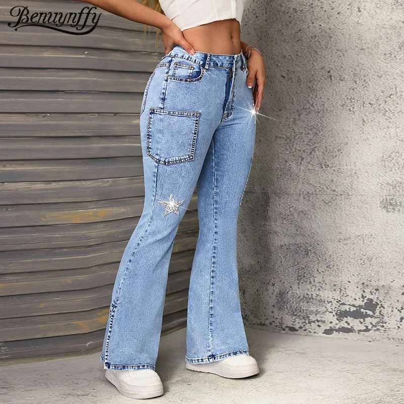 

Benuynffy модные расклешенные джинсы со звездами и блестками по подолу, женские джинсовые брюки Y2k с низкой посадкой, облегающие джинсовые брюки-клеш, женская уличная одежда