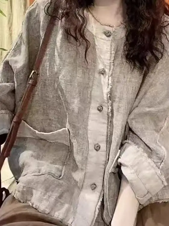 

Retro Vintage irt Spring 2026 Loose Fit Thin Casual Versatile Large Size Women's Open Cardigan Button up Asymmetrical