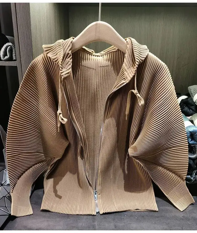 Drawstring Spring New Hooded Pleated Zipper Women's Sweatshirts Loose Elegant Simple High Quality Cardigan Coat 245YG