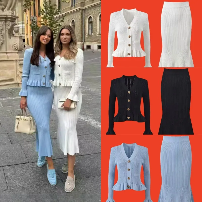 French Noblewoman Elegant V-neck Long Sleeve Bodycon Fish Tail Dress Knitted Two-piece Set Women Floor-length Polyester Fiber