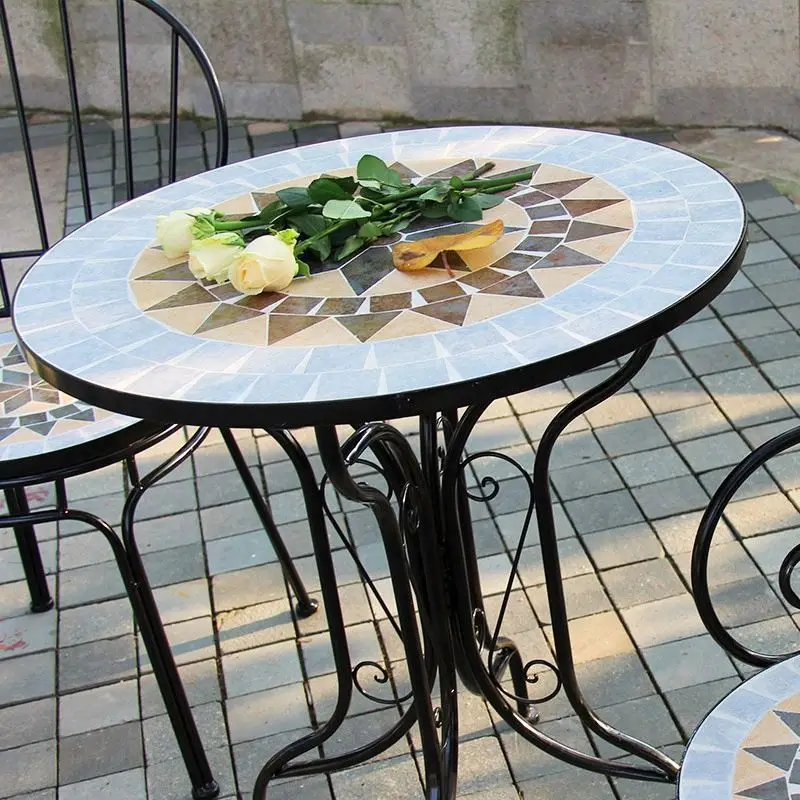 Balcony Outdoor Furniture European Style Wrought Iron Mosaic Table And Chair Three-Piece Coffee Table And Chair Set