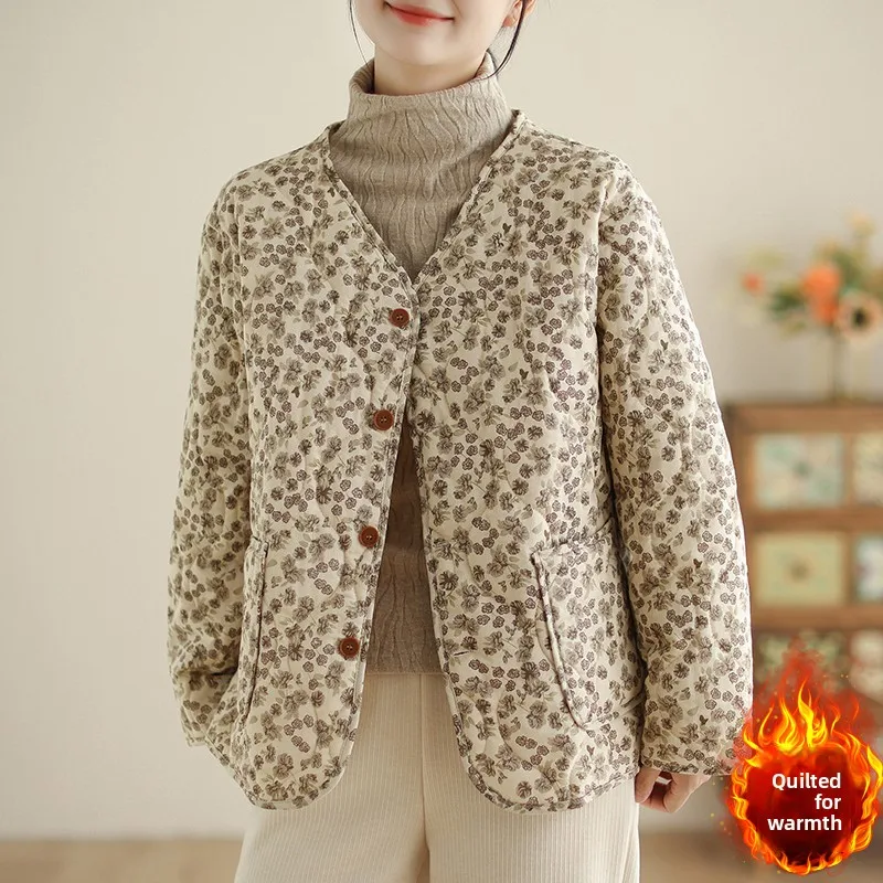 

Хлопковое пальто Country Sle Mom с цветочным принтом, женское зимнее пальто большого размера с v-образным вырезом, повседневное теплое женское пальто с хлопковым наполнителем