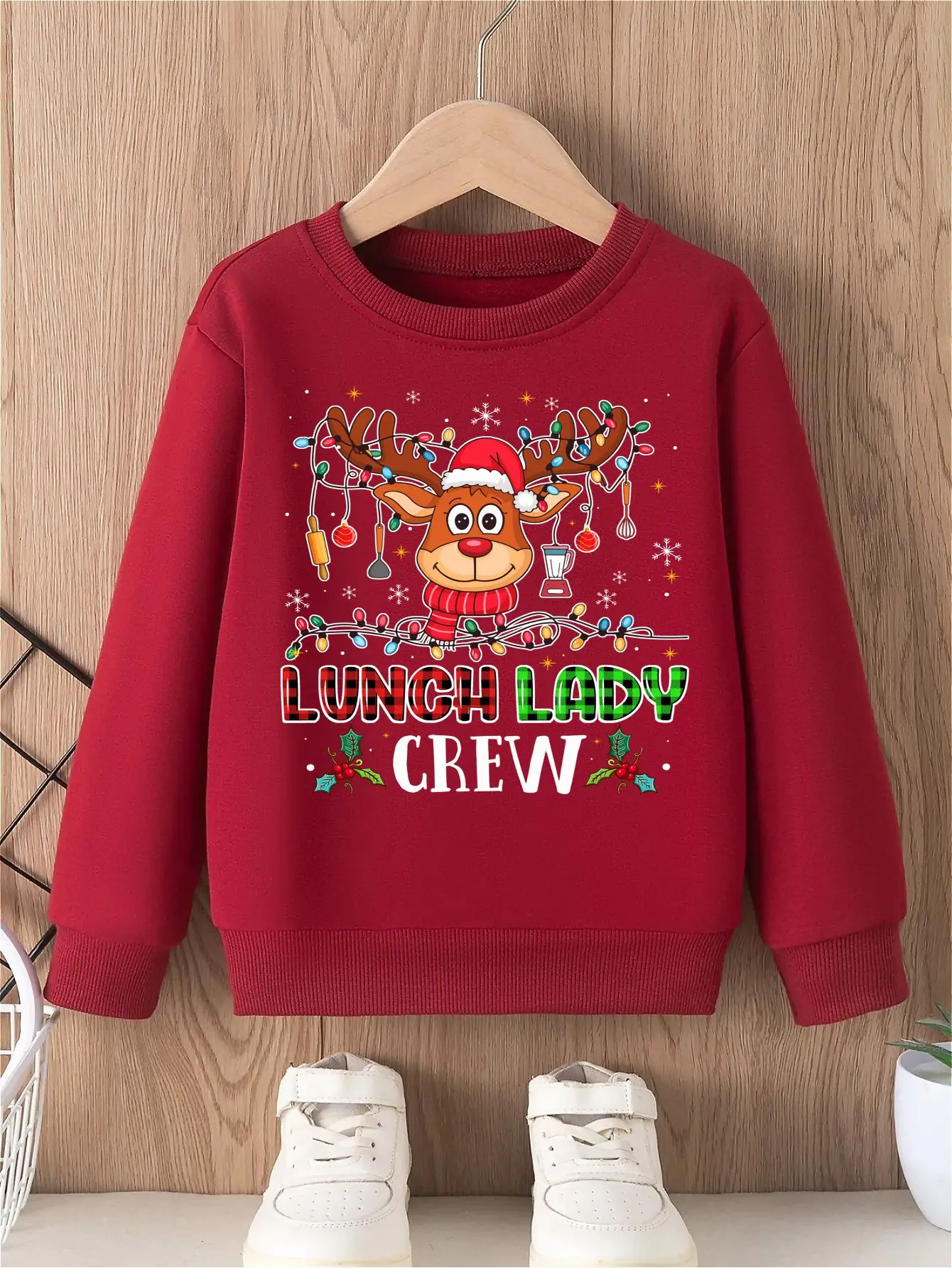 

Christmas Girls' Hoodless Sweatshirt Christmas Reindeer Santa Hat Festive Lights Colorful Kitchen Utensils Comfortable crew Neck