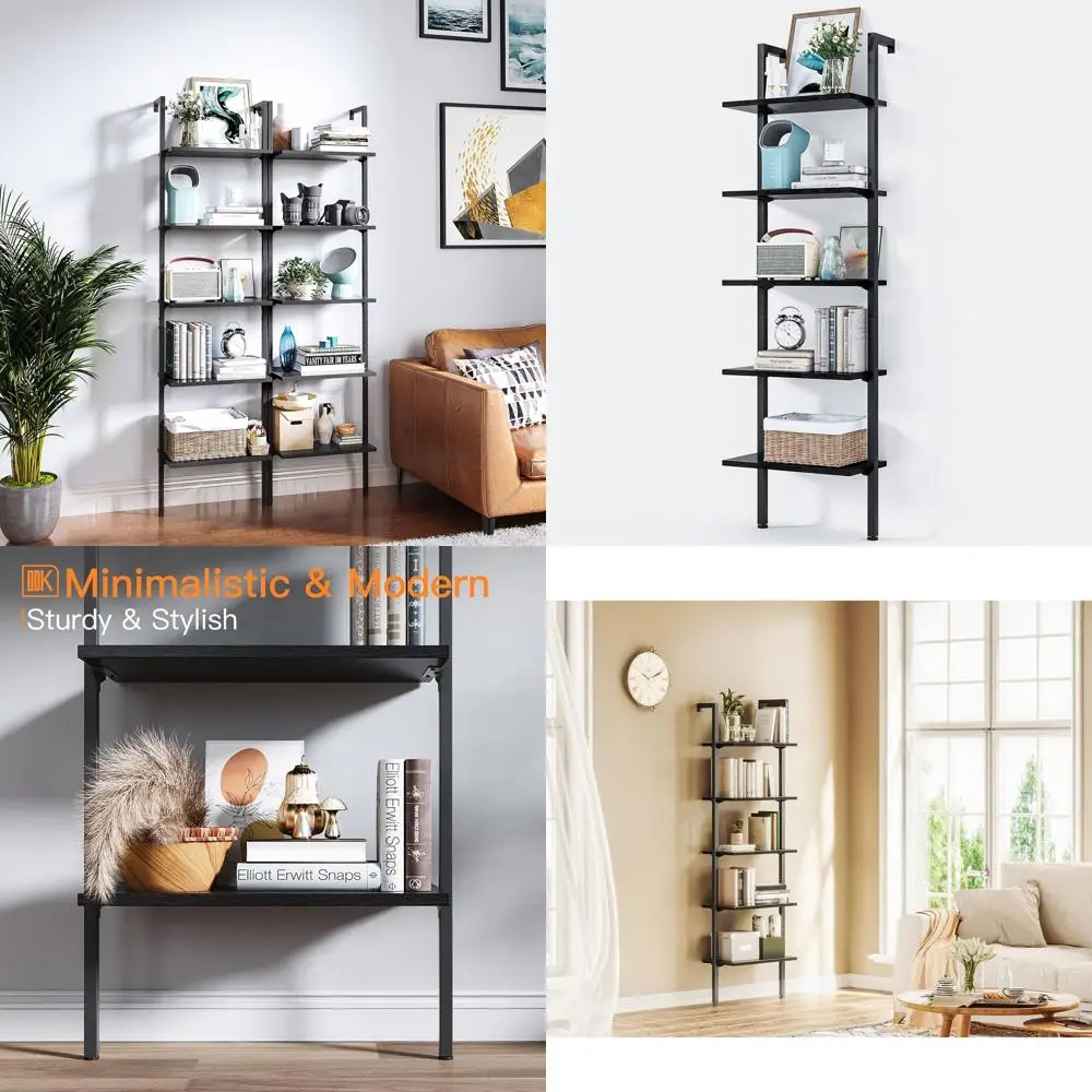 

5-Tier Ladder Bookcase, Industrial Storage Shelf with Metal Frame for Living Room, Home Office, Kitchen & Bedroom, Space Saving
