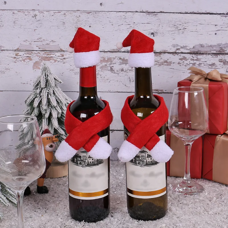 

1set Christmas Creative Home Supplies Non-woven Scarf Hat Wine Bottle Decoration New Year Wine Bottle Cover Xmas Party Favors