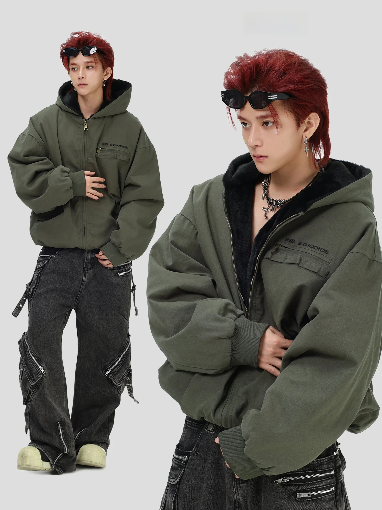 

INSKR American Retro Barn Sle Thiened Cotton Jaet Fake Mink Men's Outerwear Youth Trendy Casual Long Sve Zipper Closure