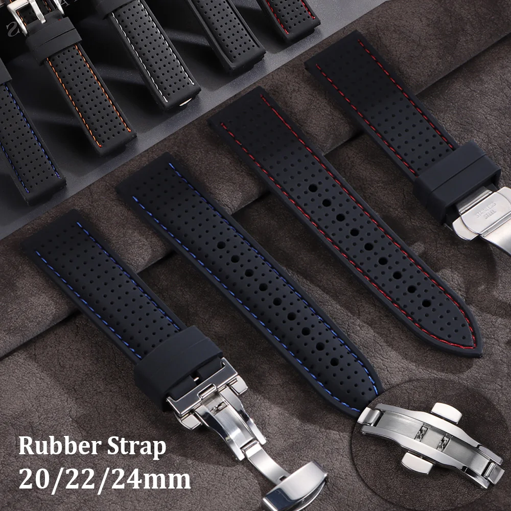 

20mm 22mm 24mm Premium Silicone Watch Band Butterfly Buckle Waterproof Soft Rubber Strap Breathable Replace Universal Watch Belt