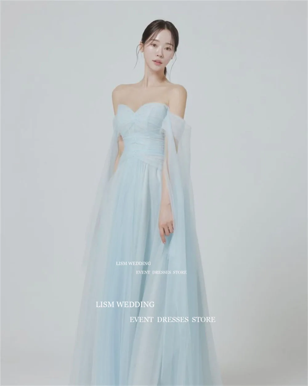 LISM Sweetheart Sky Blue Korea A Line Evening Dresses Off Shoulder Wedding Photo Shoot Formal Occasion Gown Backless Party Dress