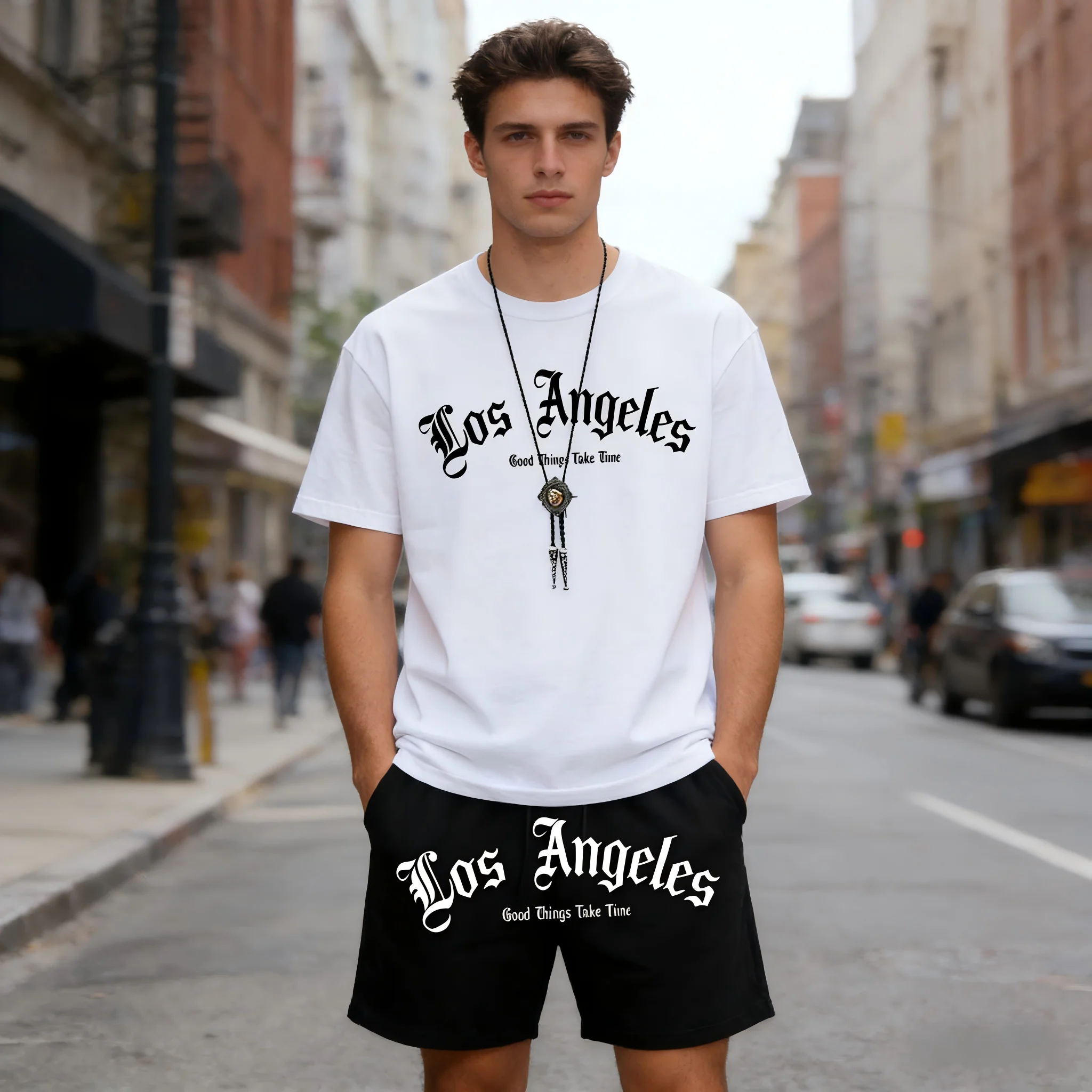 

American men's summer Gothic letter print soft breathable round neck T-shirt drawstring shorts set outdoor streetwear