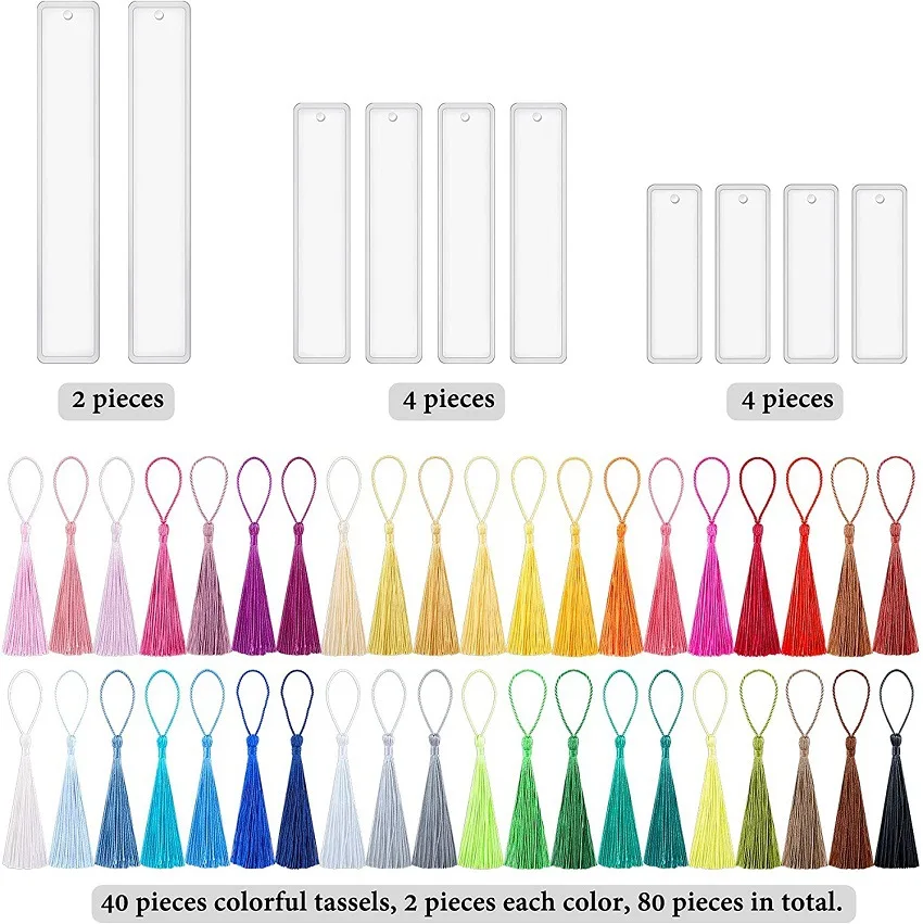 90pcs bookmark molds with Tassels Kit Including 80pcs Bookmark Tassels&10pcs Rectangle Silicone for Epoxy Resin Casting