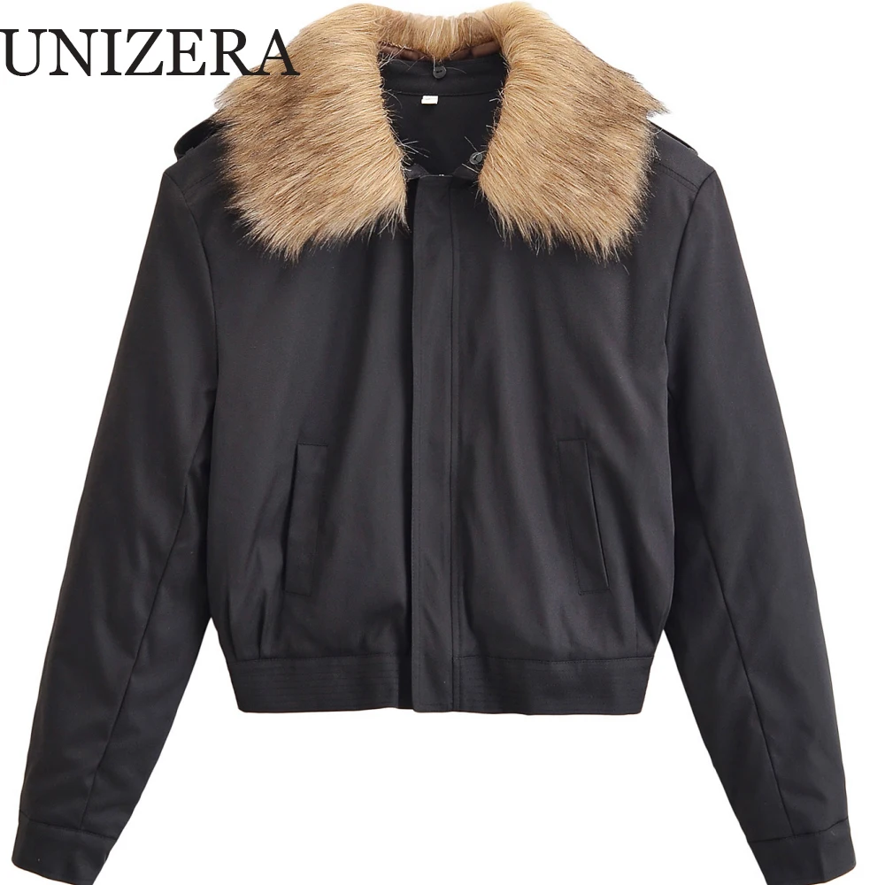 

UNIZERA women's loose fitting collar top with fur collar long sleeves zippered pockets buttons autumn and winter new fashion