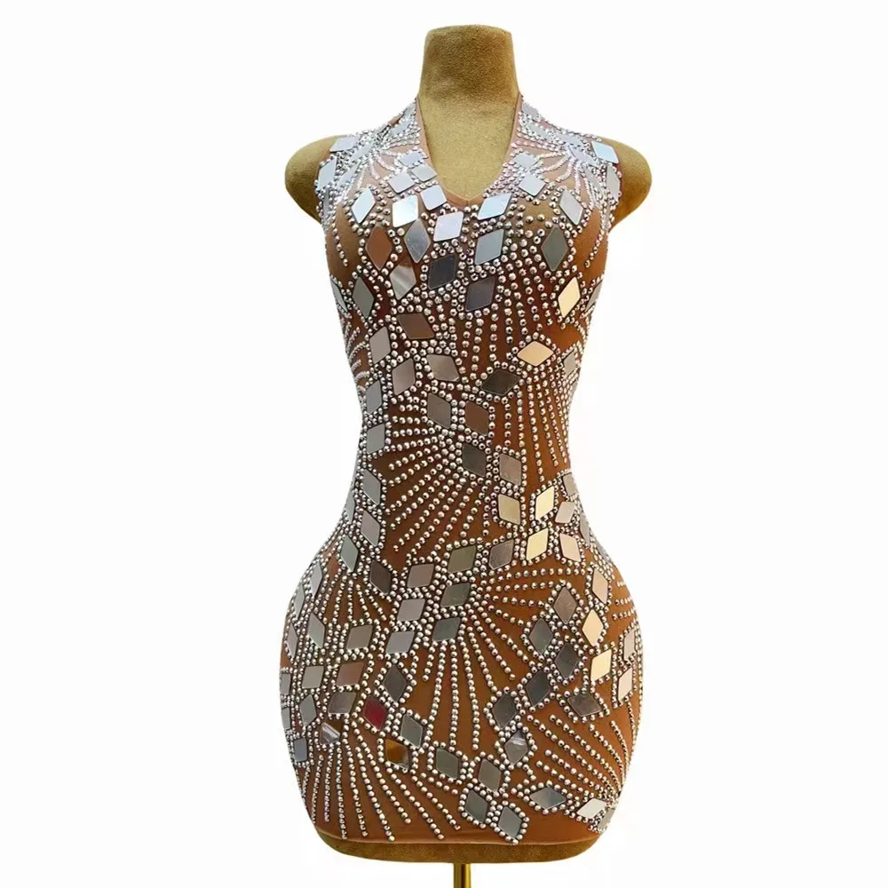 

Luxury Gold Silver Rhinestones Mirror Backless Mini Dress Women Birthday Evening Celebrate Party Singer Model Bar Stage Costume