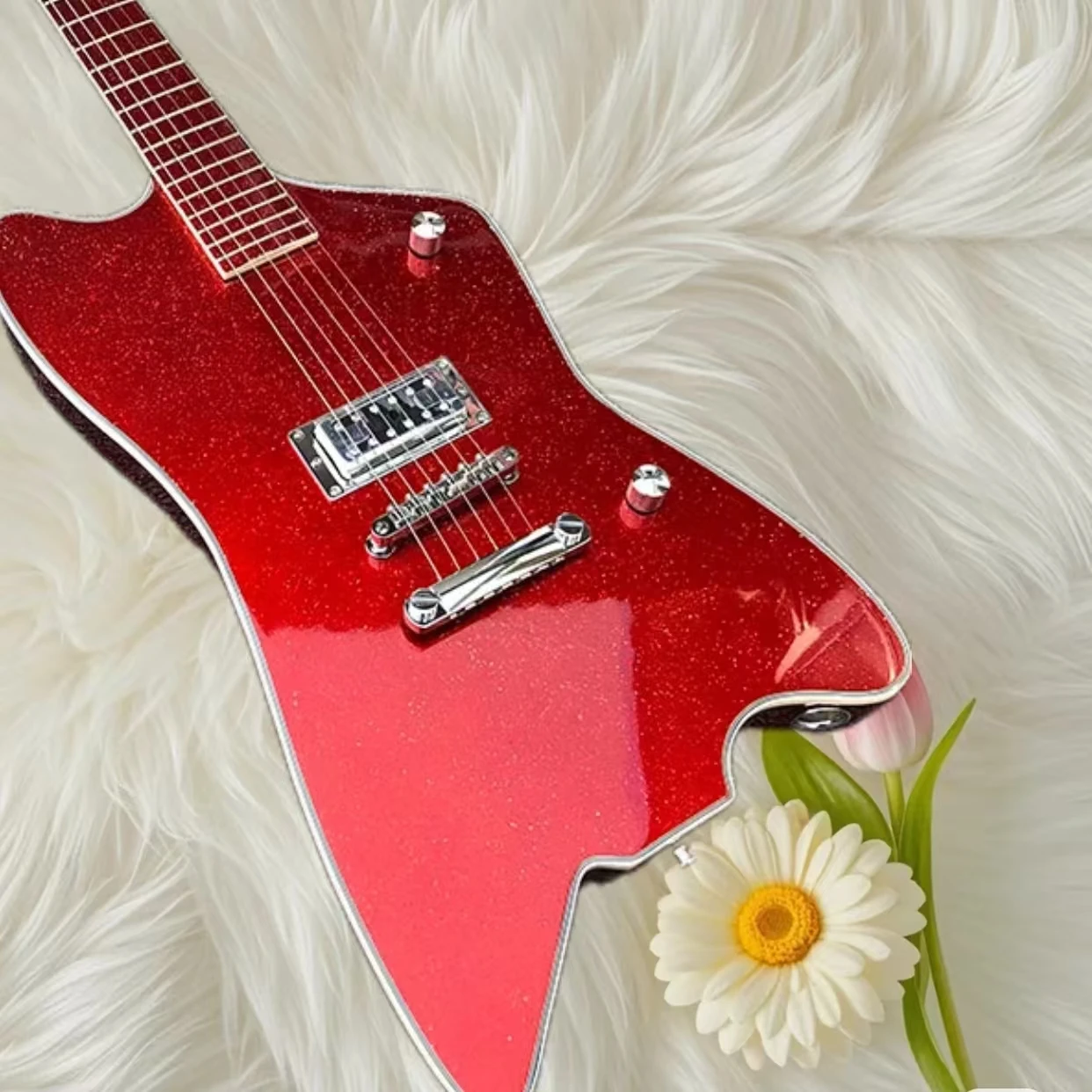 

Metallic Red Sparkle Gold Thunderbird Electric Guitar with TV Jones Pickup, Round Input Jacks