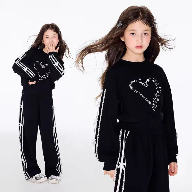 Spring/Autumn Teenager Girls Cloth heart sweatshirt hooded stars + bow wide leg pant teens child set 4 6 8 10 12 14 15 Year