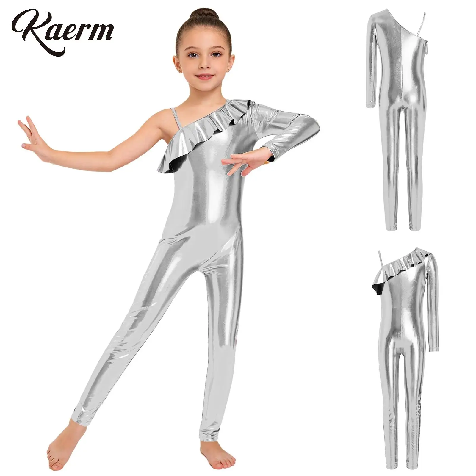 

Kids Girls Gymnastic Performance Ruffle Metallic Jumpsuit One Shoulder Long Sleeve Side Zipper Bodysuit Ballet Dance Leotards