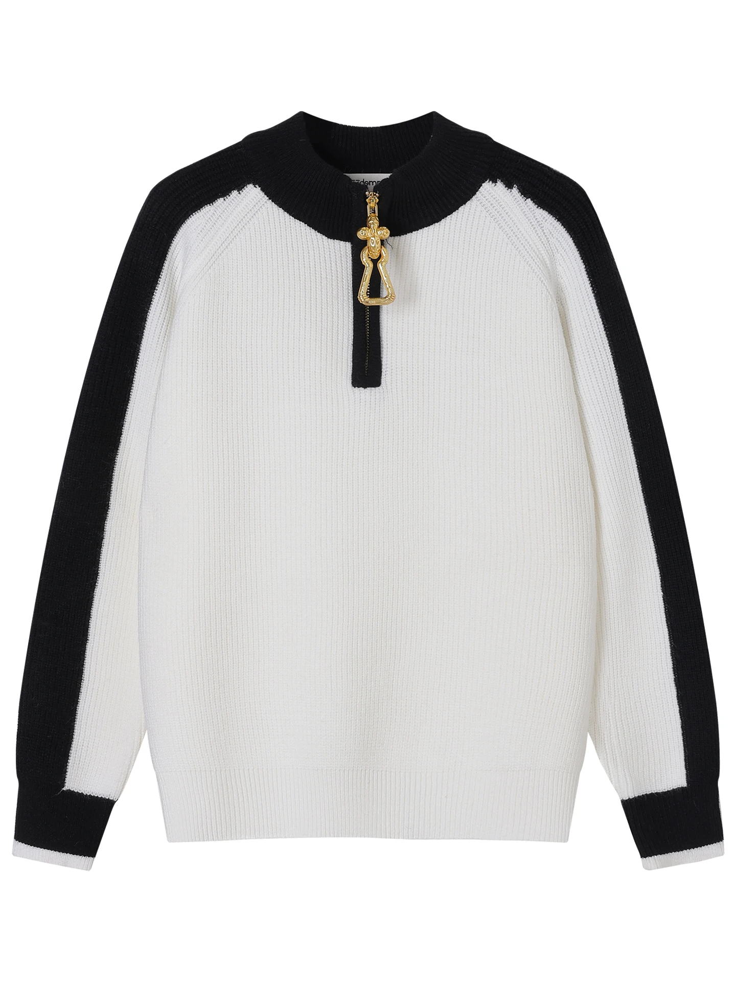 Jesienno-zimowy sweter damski z metalowym pół-zipem, w nowym stylu color-block, dzianinowy, z designerskim akcentem, uniwersalny sweter do noszenia na wierzch.