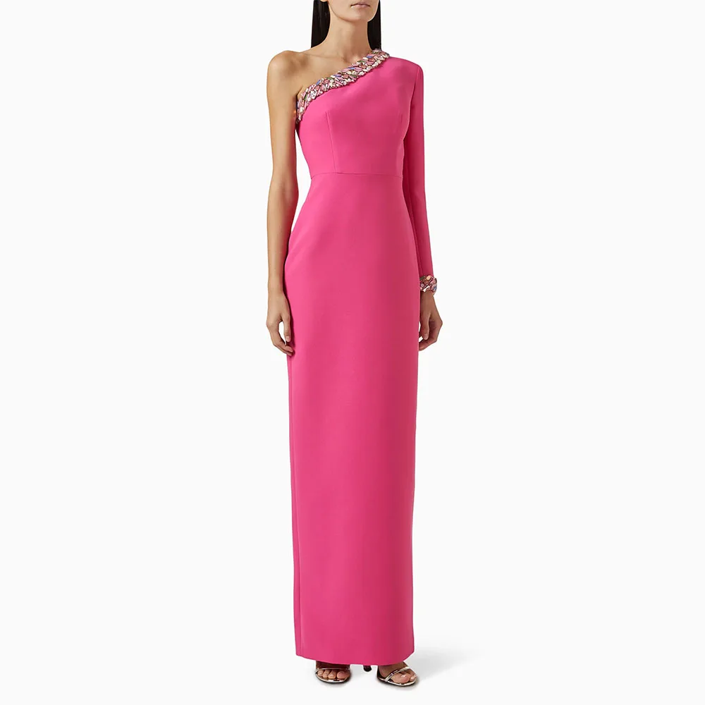 

Ярко-розовые платья для выпускного вечера по индивидуальному заказу Макси Кристалл на одно плечо с длинным рукавом и колонной Пром платья для женщин 2026 Вечернее платье до щиколотки