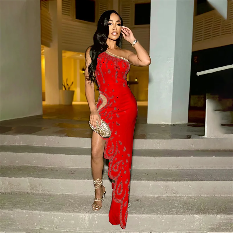 2024 Women One Shoulder Sleeveless Irregular Long Sexy Party Dresses Night Club Rhinestone Mesh Patchwork Evening Dress Vestidos