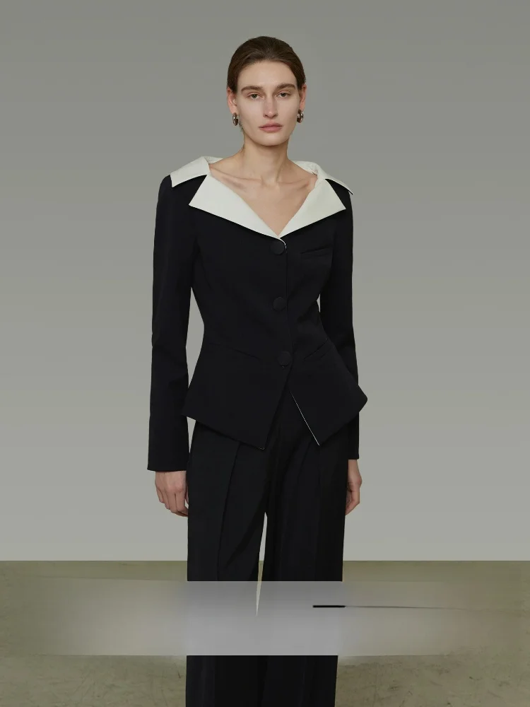 

Slim Fit V Neck Waist Cinched Short Commute Style Color Block Suit Jacket Women's Business Casual Polyester Fiber Long Sleeve