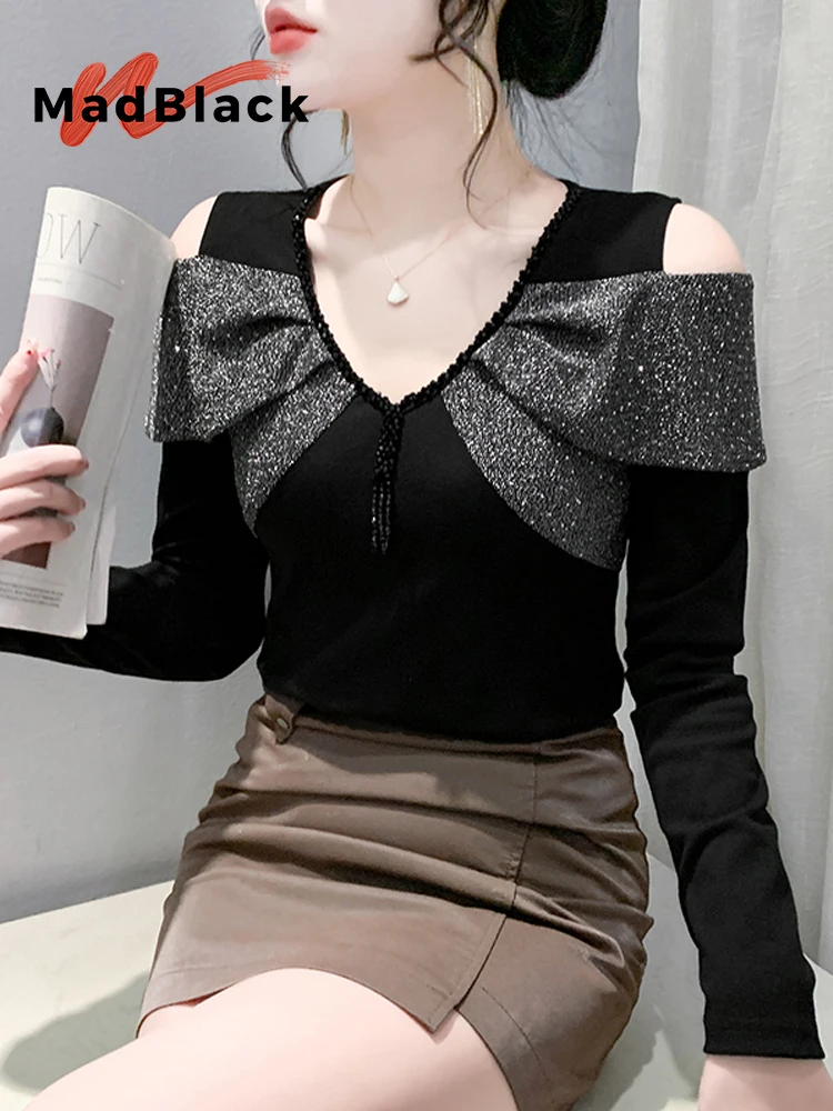 

MadBlack, European Clothes T-Shirt, Sexy Women V Neck Beading Tops, Clubwear Off Shoulder Slim Hot Tee, Autumn Winter T40040CC
