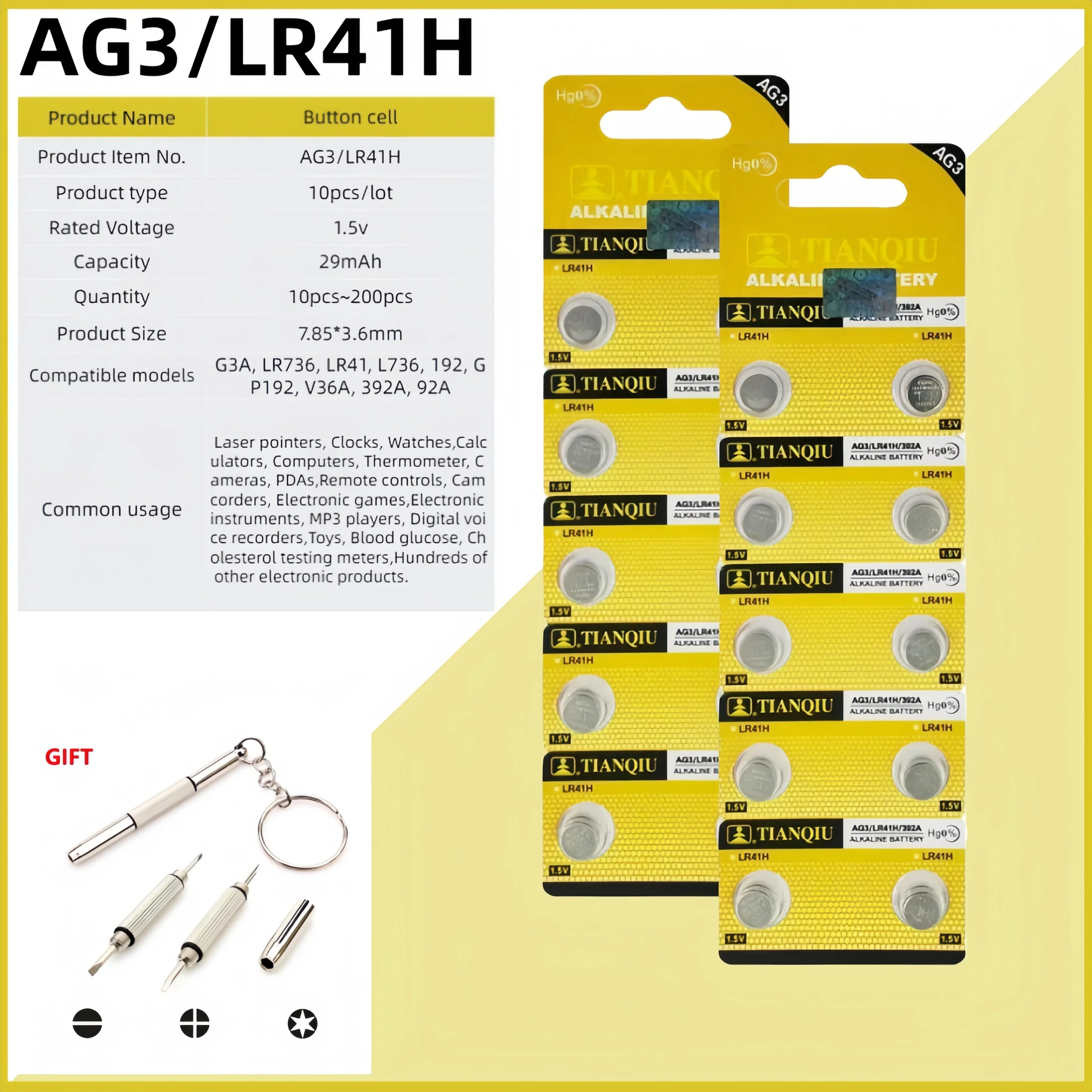 

AG3 Watch Battery G3A LR736 LR41 GP192 V36A 392A Alkaline Button Battery MP3 Player Quartz Watch