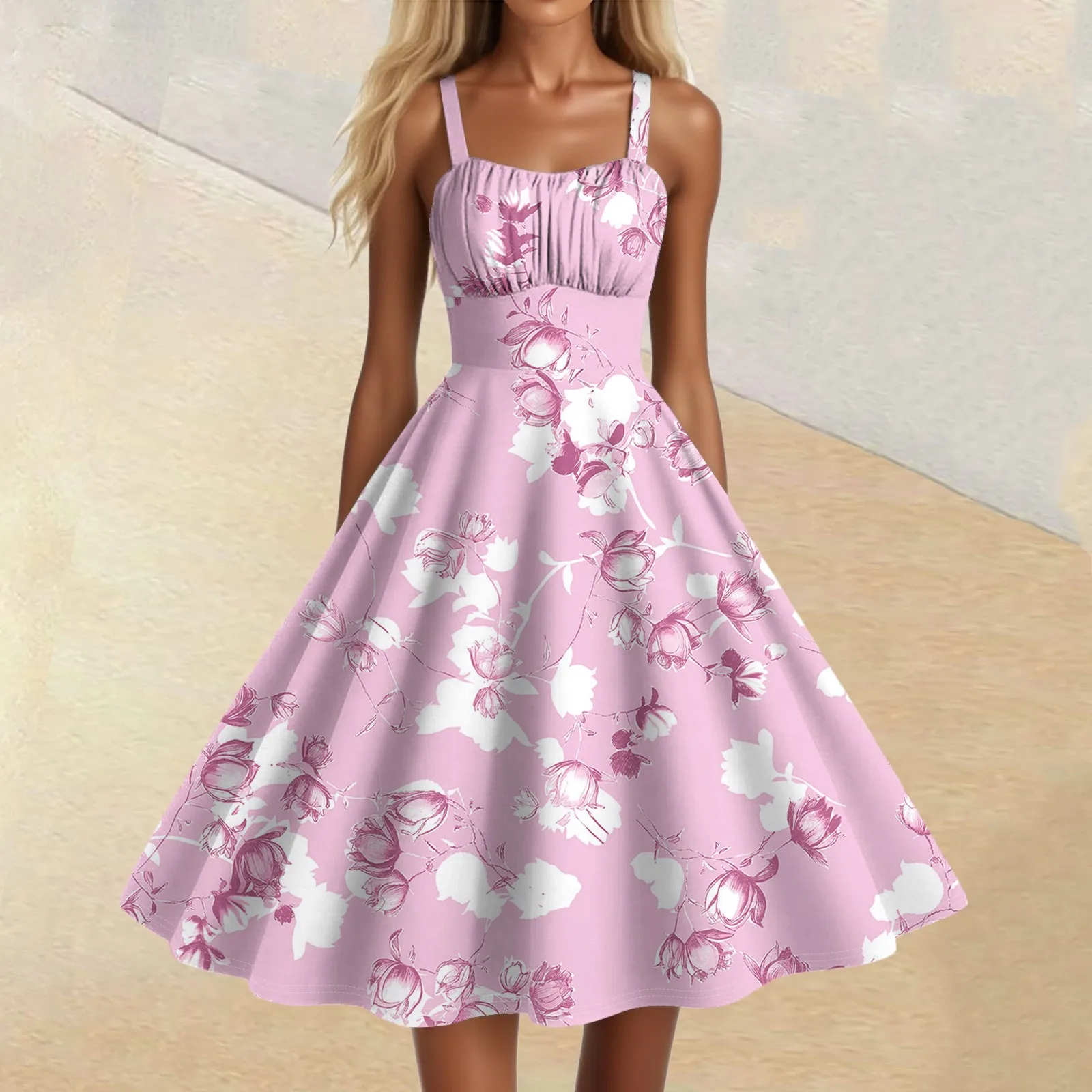 レディースヴィンテージノースリーブプリーツパッチワークキュートAラインヘム花柄プリントドレスワンピース レディース服 2025年夏