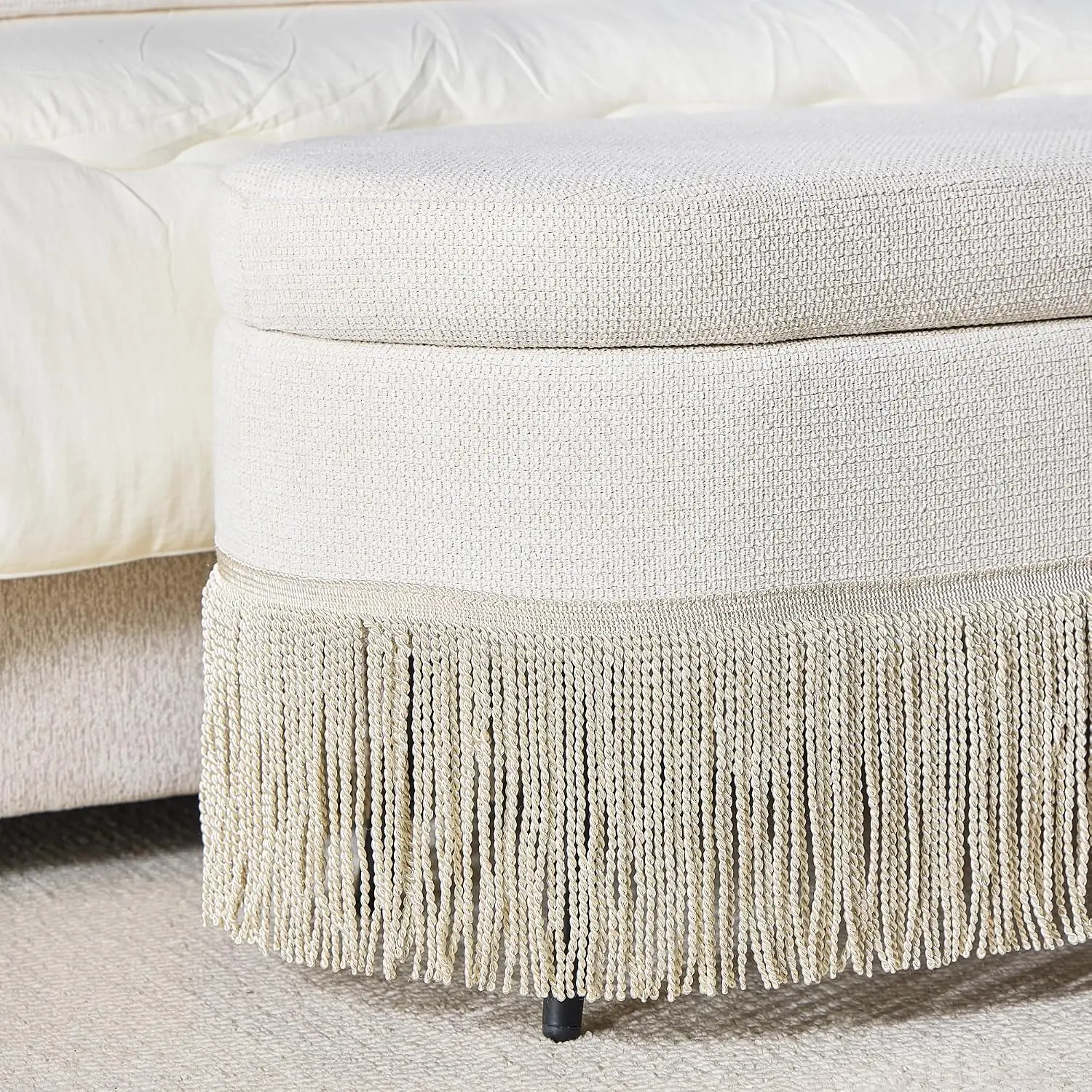Oval Storage Ottoman Bench with Tassel, 39" Beige Bench with Storage & Seating for Living Room Bedroom Entryway, Customized
