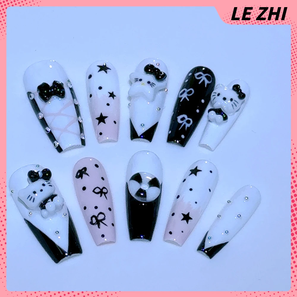 2024 Hello Kitty Cute Press On Nails Art Handmade Long Coffin Stilettos Almond Gothic Glitter Diamond Fake Nails Party Stickers