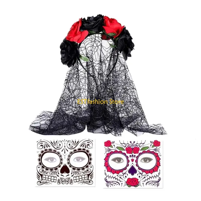 Y5GC Day of The Deads Costume Accessories Dias los Muerto Costume Veil Headpiece Halloween Fancy Dress Cosplay Costume