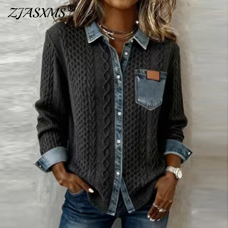 

Woman Fashion Patchwork Knitted Sweater Autumn Turn-down Collar Button Top Cardigan Winter Long Sleeve Knitwear Shirt Outerwears