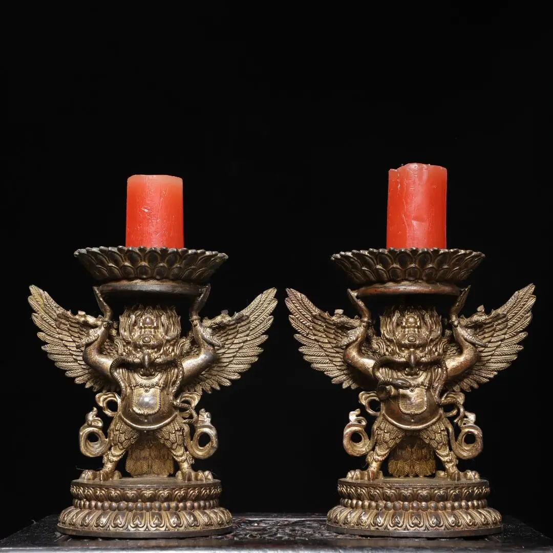2Pcs Brass Garuda Candle Holders Butter Lamp Vintage Home Altar Desk Decor