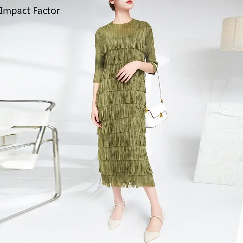 2024 Miyake Fold Design Sense Minority Fringe Dress Medium And Long Women's Loose Leisure Party Dress