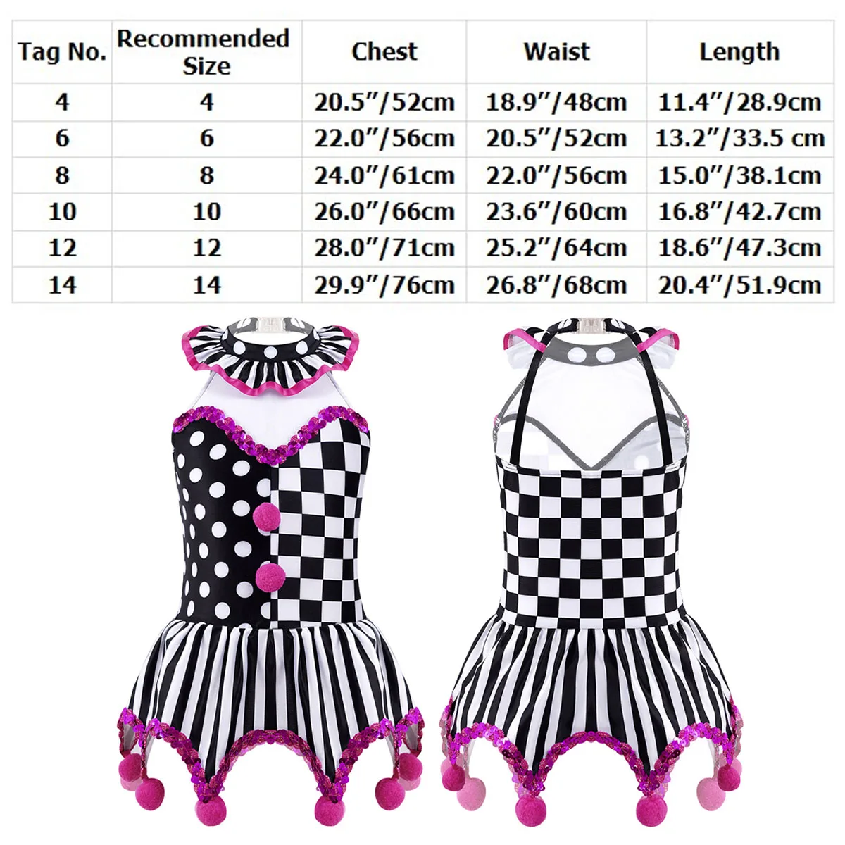 Kids Clown Cosplay Costume Girls Halloween Scary Circus Clown Themed Party Black White Grid Fancy Dress Up Tutu Leotard Dress