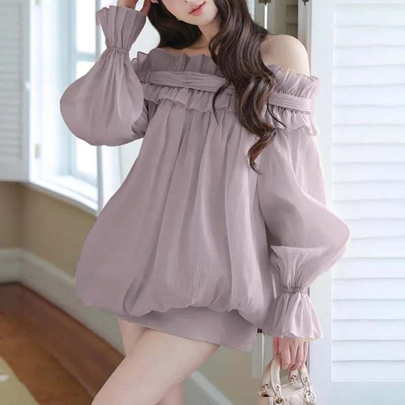 

Женский новый топ с открытыми плечами и рюшами по краям в стиле пэчворк с галстуком и длинными рукавами, осенний модный универсальный милый стиль с открытыми плечами