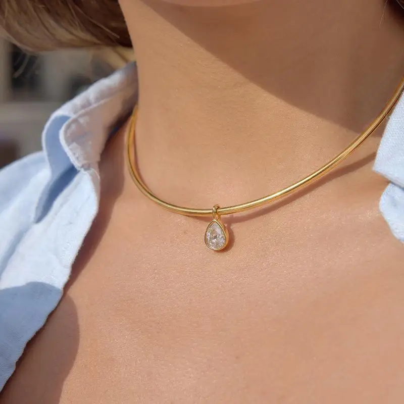 Zarte geometrische Zirkon-Anhänger-Halskette für Frauen, minimalistische Edelstahl-Halskette, modisches Schmuckgeschenk – Detail 13