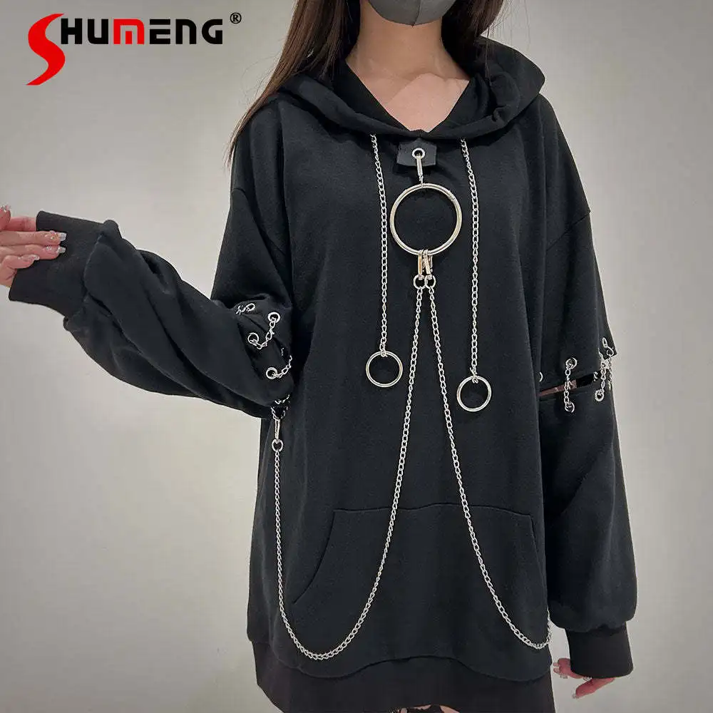 Japanese Dark Goth Harajuku Style Splicing Long Sleeve Metal Chain Loose Versatile Medium Long Pullover Sweatshirts Women Autumn