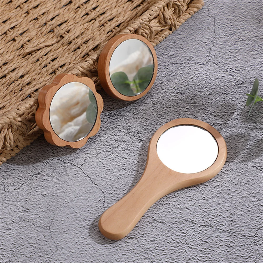 Espejo de mano de madera para mujer, accesorio redondo y portátil, compacto, ideal para maquillaje y viaje