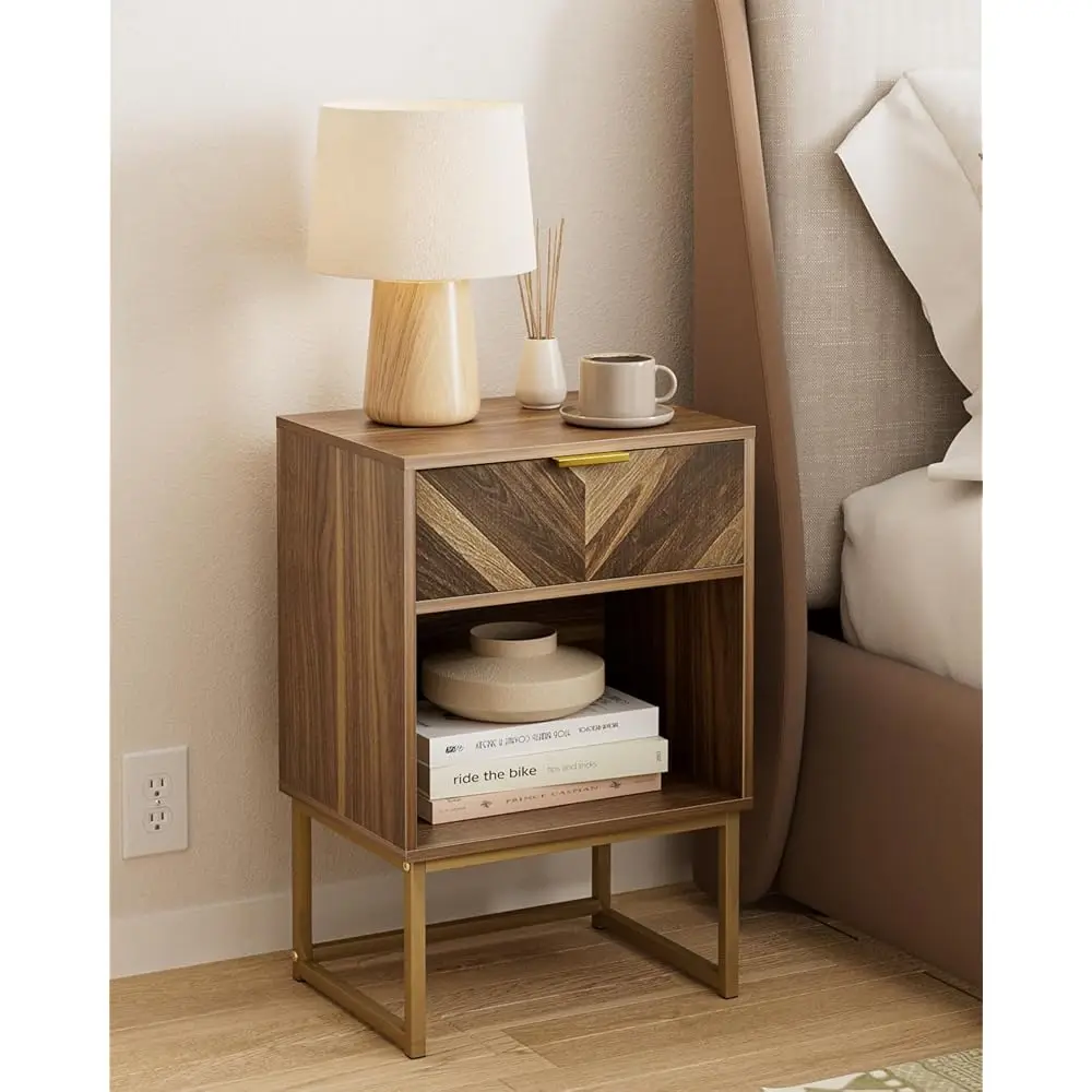 

Nightstand, Boho Night Stand With Drawer Wood Farmhouse Bedside Table With Storage, End Side Accent Table For Bedroom,Living