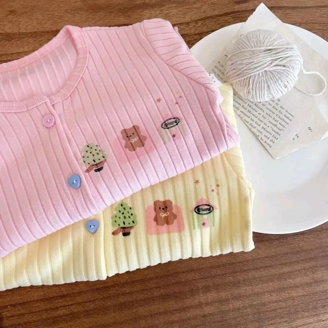 Korean Style Girls Soft Cartoon Jacket Set, Color Buckle Long Sleeve & Shirt, Stylish Baby Kids Fashion