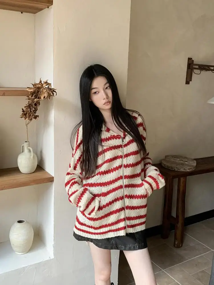 Yedinas Christmas Red Striped Hooded Knitted Tops Long Sleeve Korean Fashion Rabbit Ears Cardigan Women Sweater Ladies Jumpers