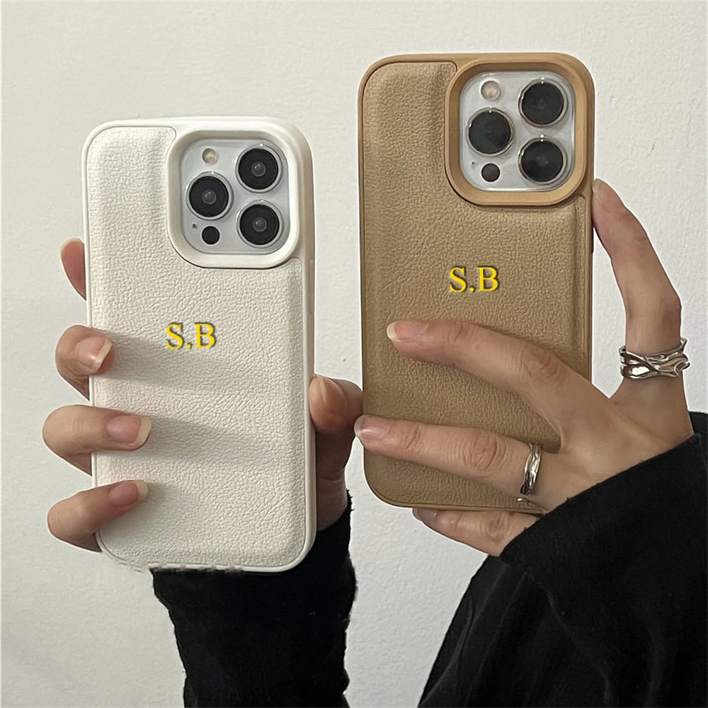 Luxury DIY Personalised Customized Initials Gold Leather Retro Solid Color Soft Case For iPhone 15 14 13 Pro Max 12 Pro 11 Cover