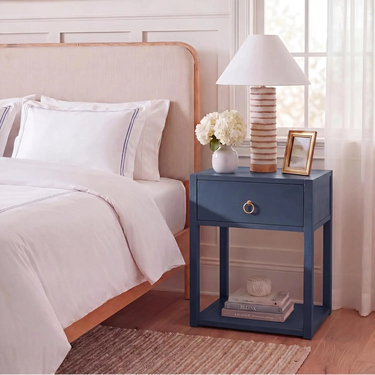 Navy Wood Nightstand with Gold Hardware & 1 Drawer for Bedroom 21