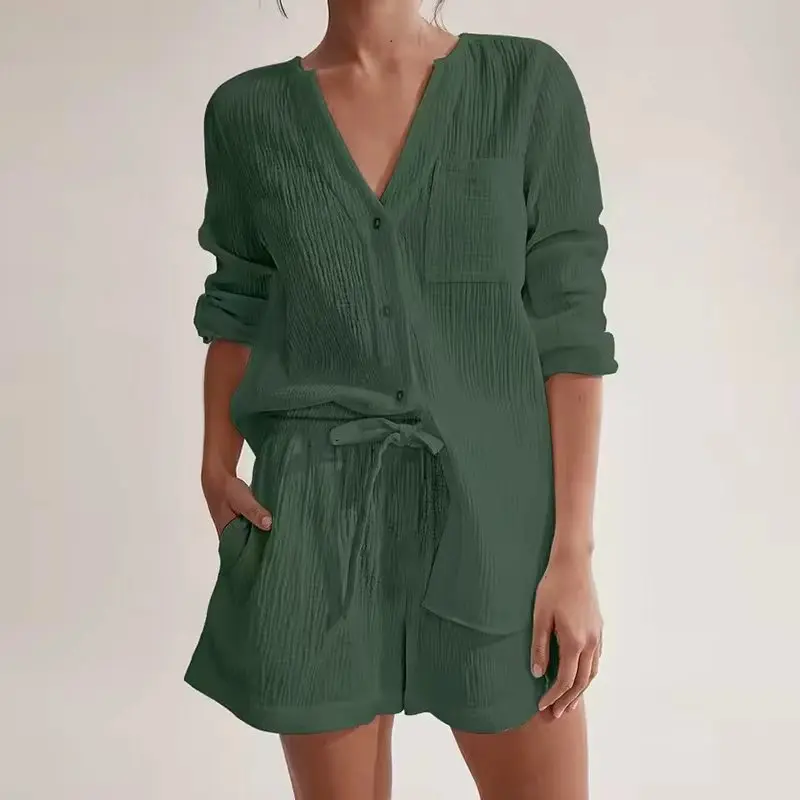 2026 Newly 100% Cotton Gauze Muslin Sets for Women 2 Pieces Button Up Long Sleeve Top + Shorts Set Elegant Suit