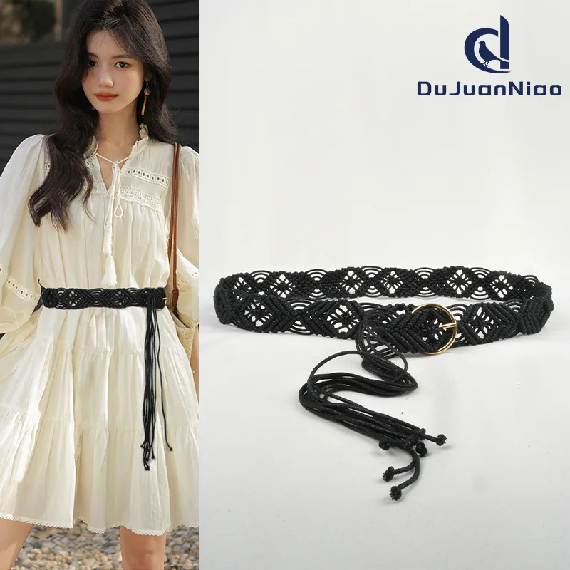 

Western Candlewick Braided Women Waistband Belt Bohemia Dress Round Gold Pin Buckle Belt for Ladies