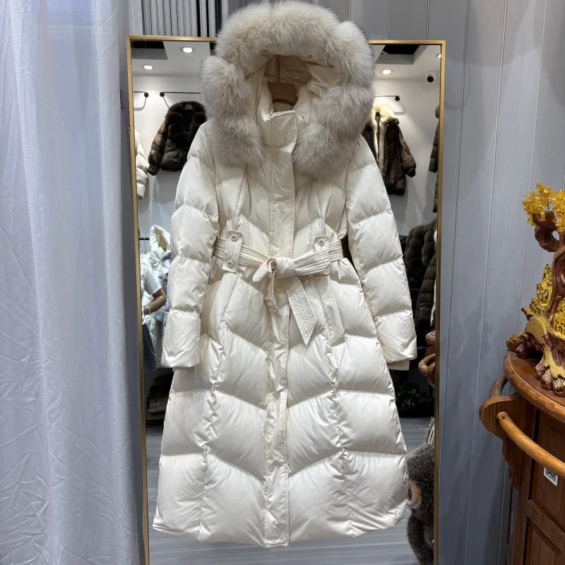 Real Natural Fox Fur Hooded Detachable Collar Belt White Duck Down Coat Winter Down Jacket Women Long Casual Elegant Overwears